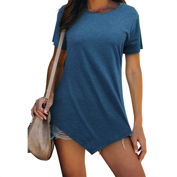 QLEICOM Womens Classic Solid Color Irregular Hem Tunic Tops Crew-neck Flowy Blouses Shirt Tops, Summer Short Sleeve Blouses Casual Loose Henley Shirts, Tees & Blouses S-2XL