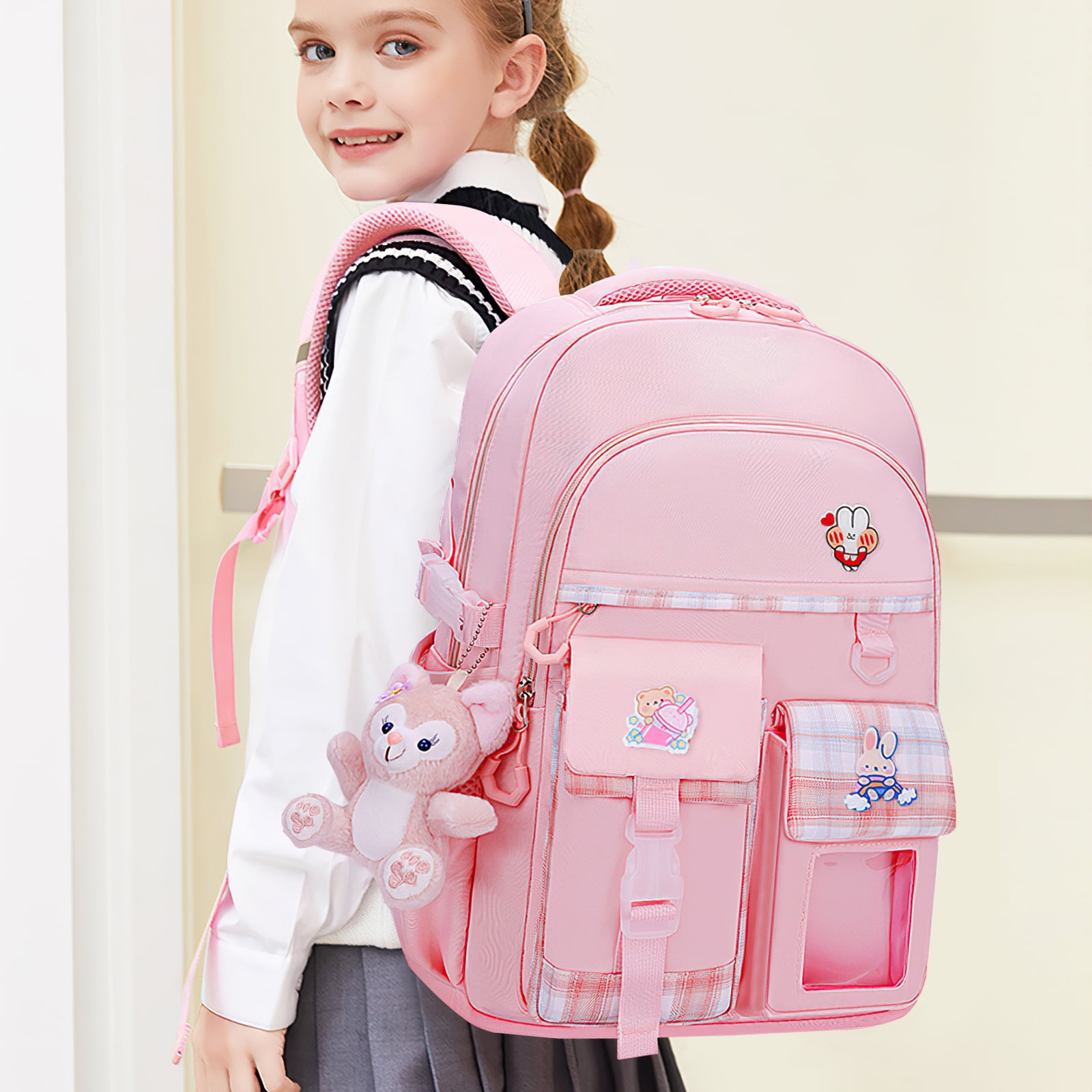 Kadyn Travel Backpacks, Cute Bookbag for Teen, Multifunctional School Durable Schoolbag with Lina Bell, 3 Decorative Cards and Lunch Bag, Pink
