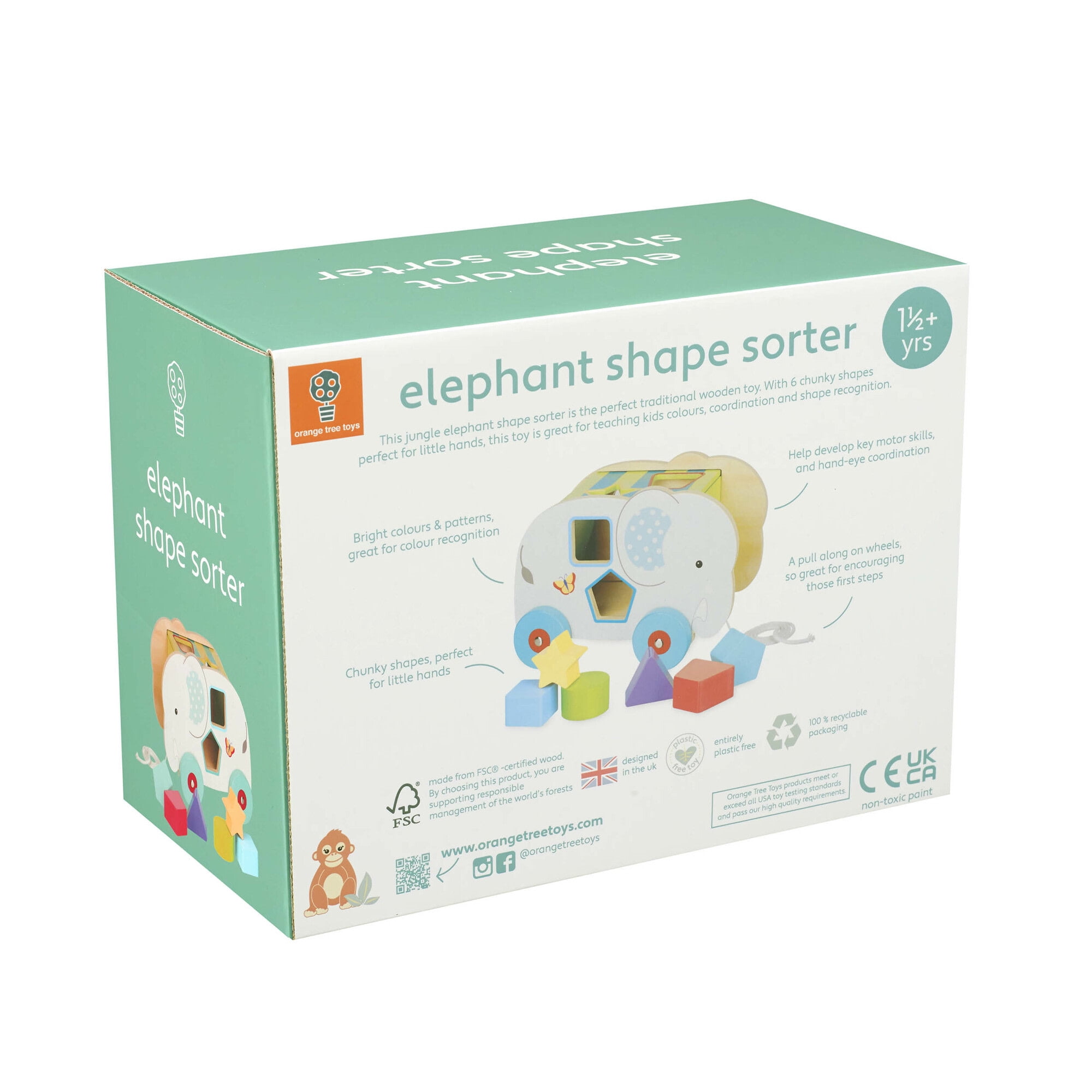Orange Tree Toys: Shape Sorter: Jungle Elephant - Wooden Wheeled Animal Sorter, 6 Shape Blocks, Push-Pull-Sort, Educational Toy, Toddler & Kids Age 1+
