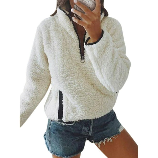 Avamo - Women Zip Up Fluffy Sweatshirt Long Sleeve Plus Size Zip Up
