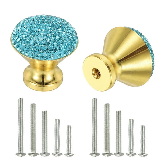 Uxcell Drawer Knobs,2Pcs 1.1 Inch (28mm)Diameter Bling Diamond Decoration Cabinet Knob, Round Rhinestones Pull Handle with Screws for Home, Office, Kitchen (Gold Base   Lake Blue Diamond)