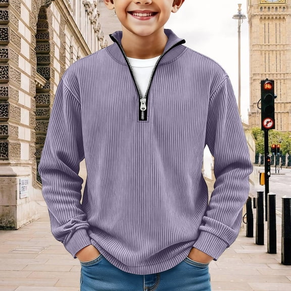 CCRFTGI Boys Quarter Zip Pullover Casual Long Sleeve Sweatshirt Fashion Fall Spring Size 10-12 Pullover Tops Soft Elbow Patched Top Light Purple 7-8Y