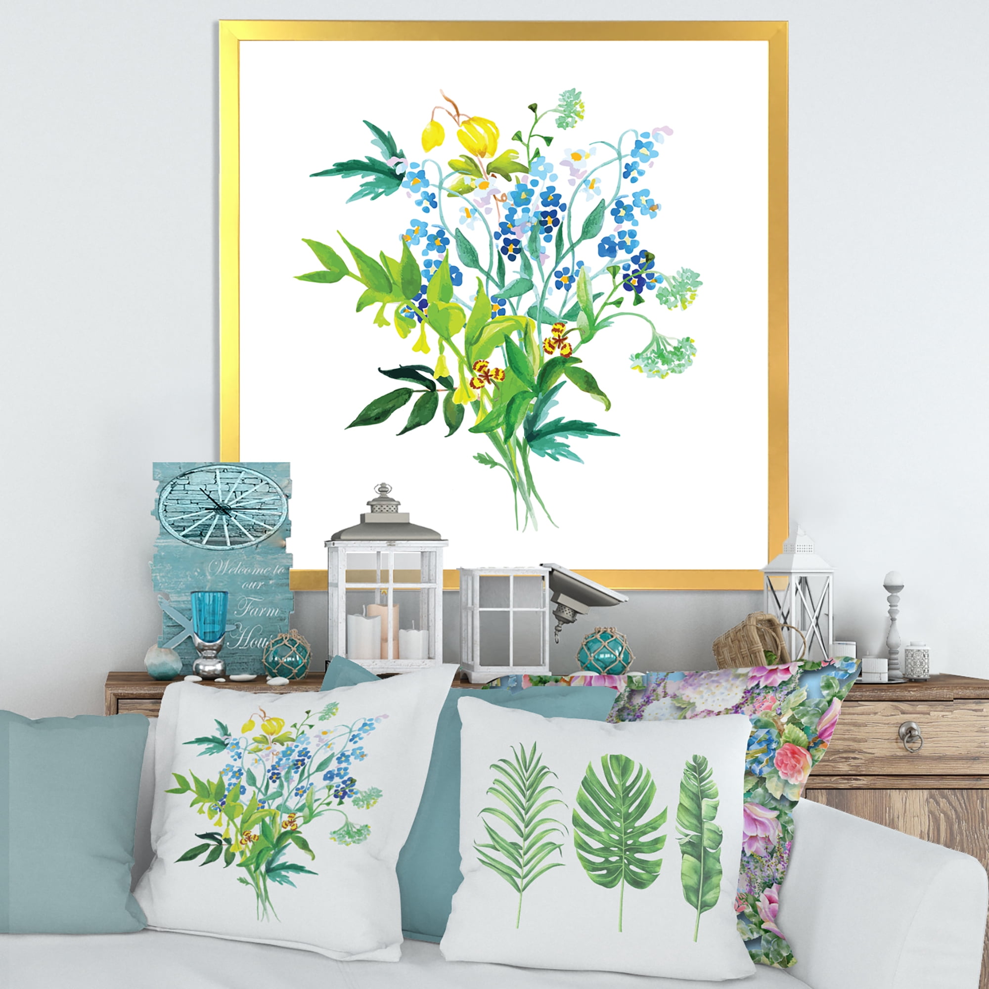 Designart 'Meadow Flowers Garland On White' Farmhouse Framed Art Print
