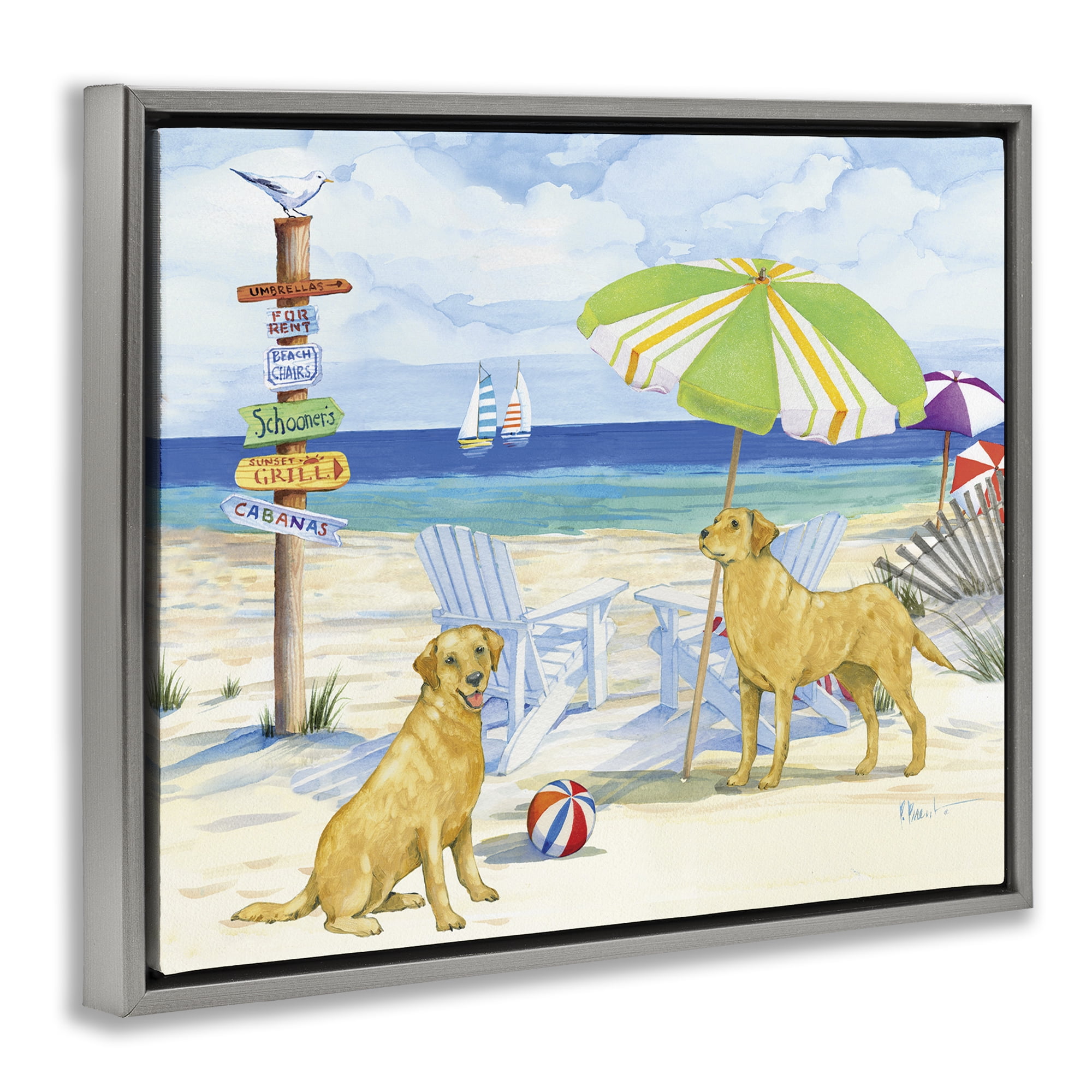 Stupell Industries Retriever Dogs at Beach Animals & Insects Painting Gray Floater Framed Canvas Art Print Wall Art, 31 x 25