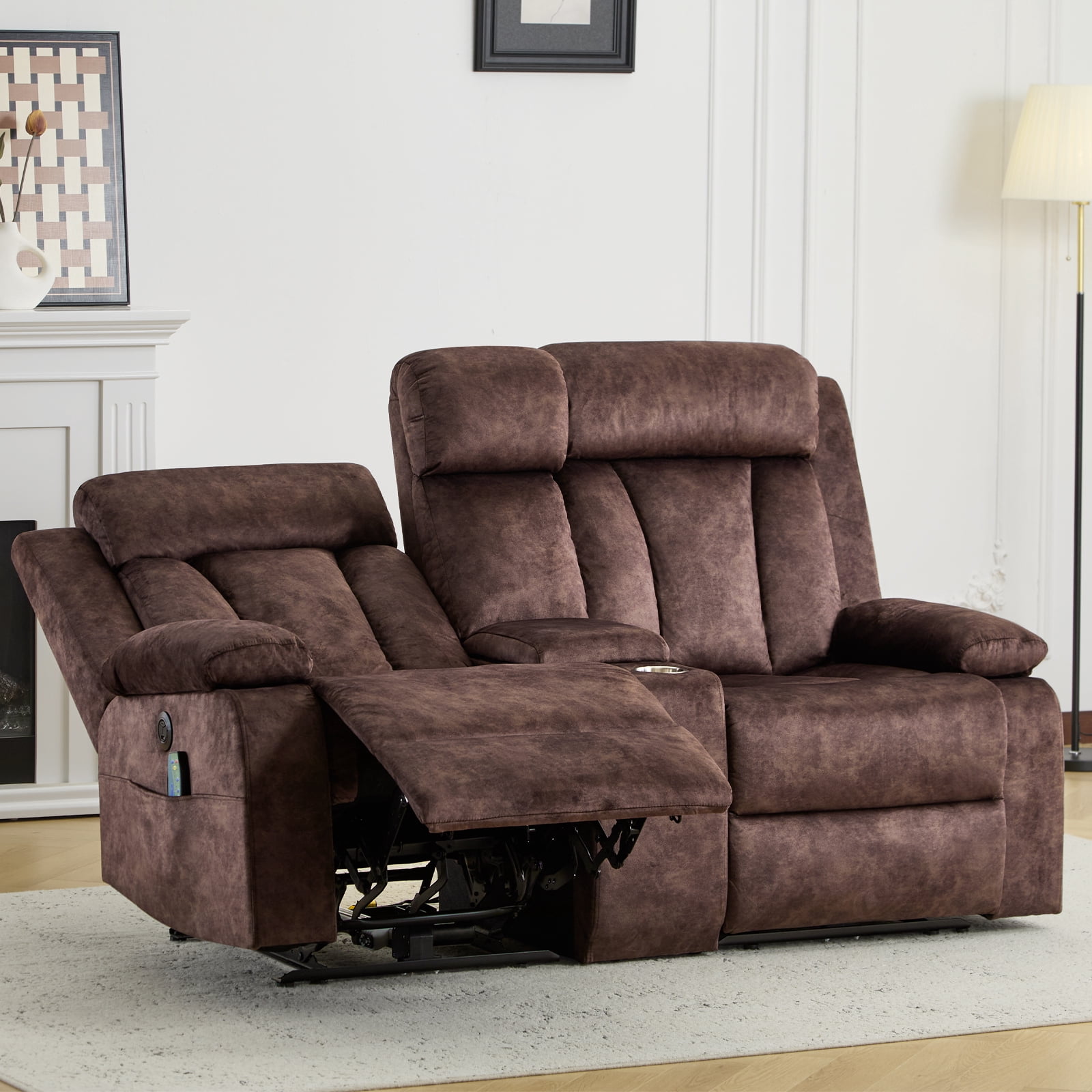 Power Recliner Loveseat Sofa with Console Storage, Heat & Massage, Reclining Sofa Couch with Cup Holders, USB & Type-C Ports, Dutch Velvet Recliner Couch for Living Room, RV,Office,Apartment