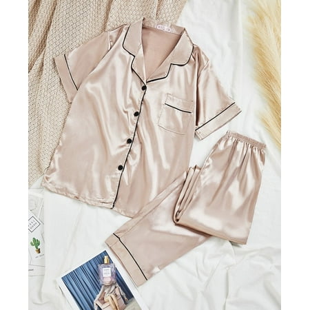 

PIKADINGNIS Women Satin Party Pajamas set woman 2 pieces pijamas Short Sleeve Casual Homewear Spring Summer Pajama Sets Silk Sleepwear Set