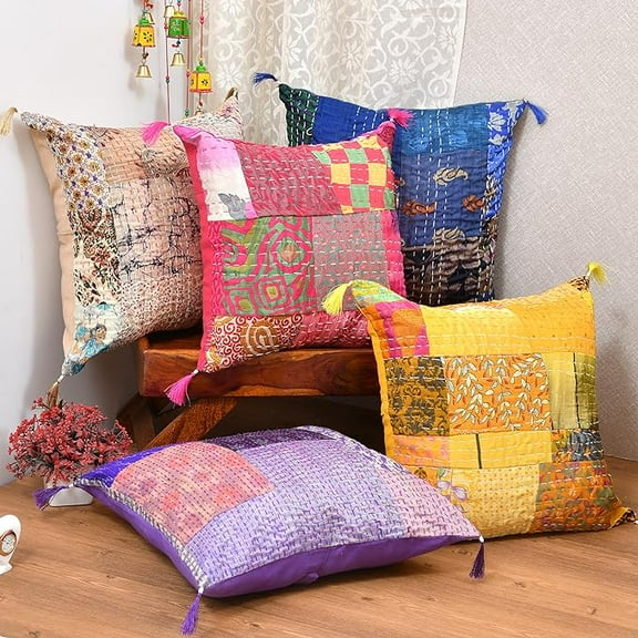 Set of 5 Decorative Colorful Square for Sofa Set Home Decorative Floral Design Boho Throw Pillow Case Silk Cushion Cover