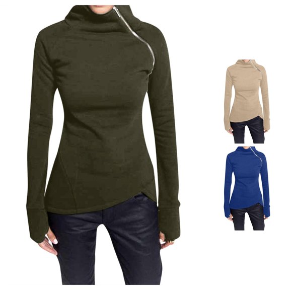 Women Casual Solid Blouse Long Sleeve Pullover Turtleneck Zipper Sweatshirt Tops Womens Oversized Long Sleeve Top S