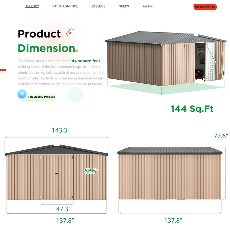 YODOLLA 12x12 ft. Waterproof Aluminum Outdoor Metal Storage Shed