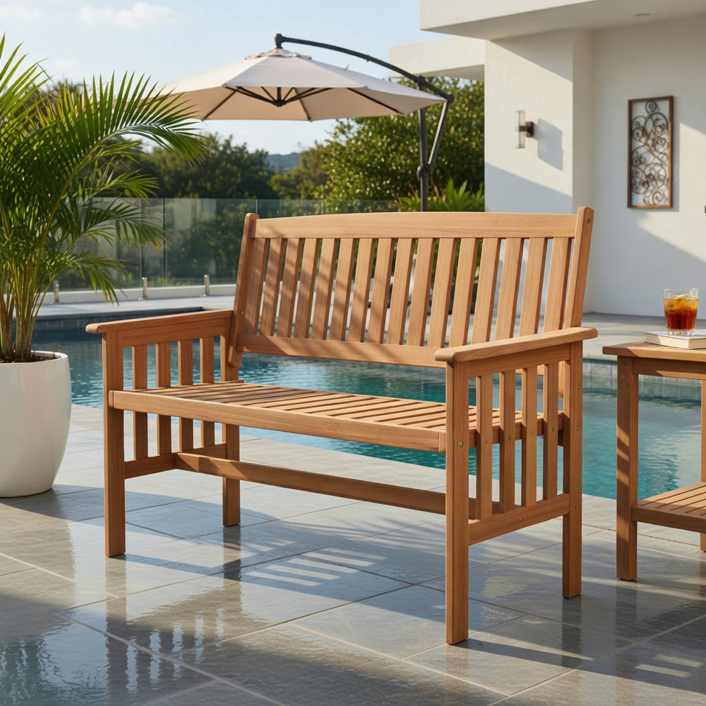 Hommoo 2-Person Wood Outdoor Garden Bench with Backrest, Armrests & Slatted Seat, Sturdy Patio, Porch & Deck Seating for Backyard Relaxation, Natural
