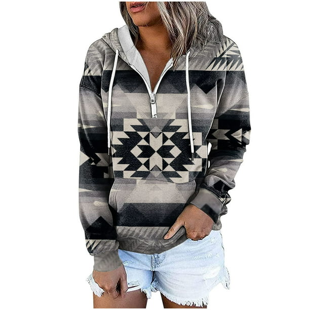 Lastesso Womens Long Sleeve Western Hoodies Ethnic Graphic Pullover 1/4 ...