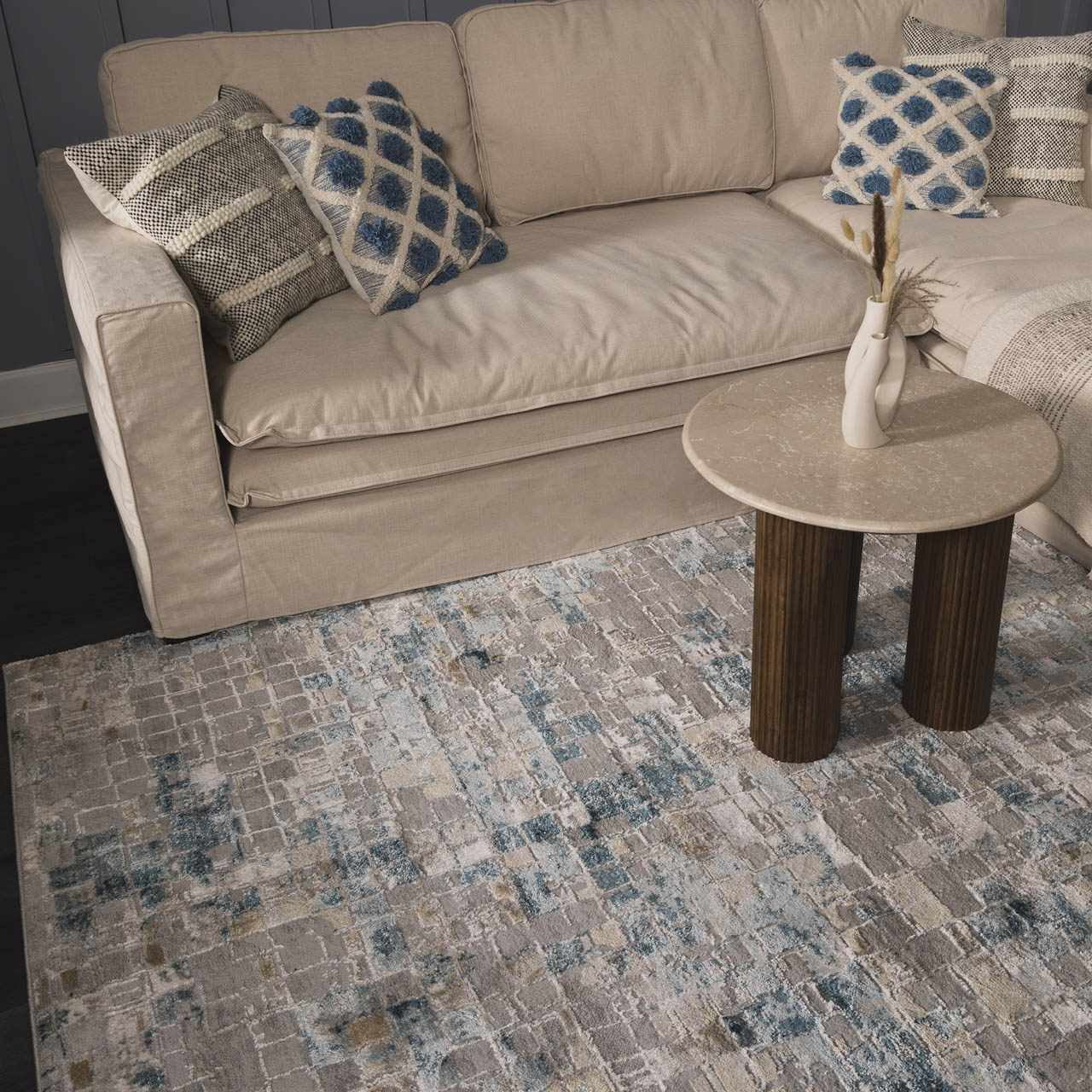 Hauteloom Liverpool Modern Abstract Bedroom Living Room Small Area Rug - Square Tile Carpet - Contemporary Bohemian Farmhouse - Blue, Grey, Brown, Off White - 2' x 3'