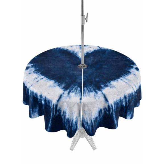 Round Outdoor Tablecloth With Umbrella Hole And Zipper– Retro Abstract Tie Dye Love Waterproof Patio Table Cover for Party, Picnic, Backyard, 60" Dia. , Midnight Blue