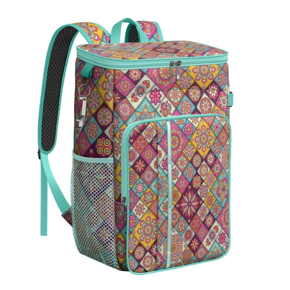Boho Insulated Cooler Backpack 20L - Vintage Floral Tribal Folk Style Soft Cooler Bag, Leakproof Camping & Picnic Backpack with Long-Lasting Insulation, Holds 26 Cans for Beach & Outdoor