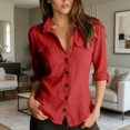 thumbnail image 2 of Slim Fit Cotton Linen Button Down Shirts for Women Long Sleeve Collared Slim Fit Dressy Casual Work Blouses with Pockets Trendy Lightweight Comfy Plain Peasant Long Sleeve Cargo Shirts Red Xxl, 2 of 4