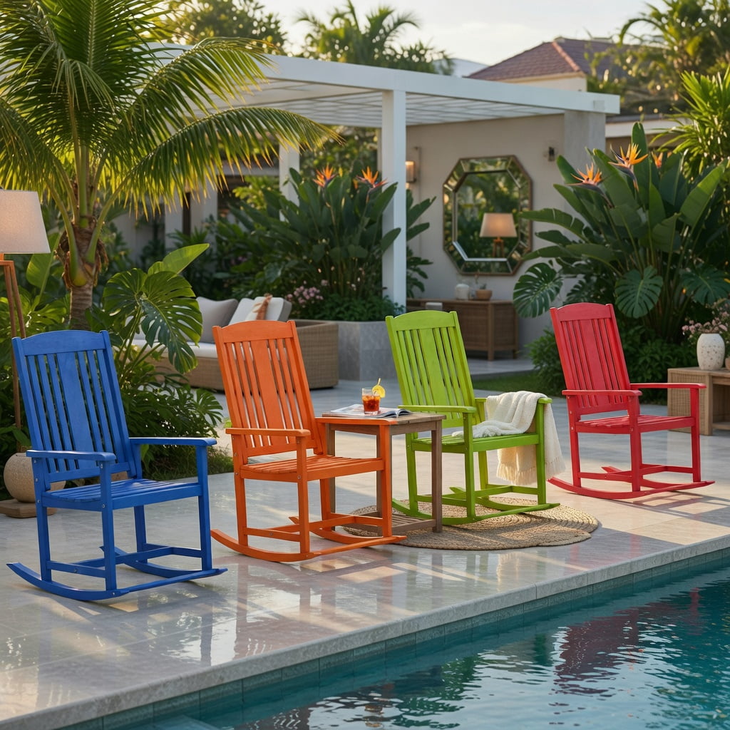 Hommoo Solid Wood Outdoor Rocking Chair, High-Back Porch Rocker with Slatted Seat, Easy Assembly for Patio, Deck & Poolside, Natural