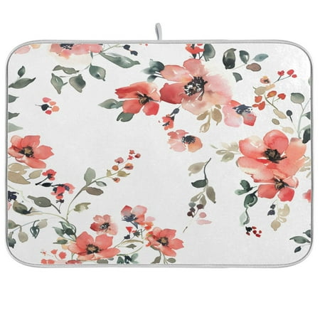 

joogoo Watercolor Flower Pattern Dish Drying Mat Kitchen Counter Absorbent Drying Pad 18x24 in Drainer Rack