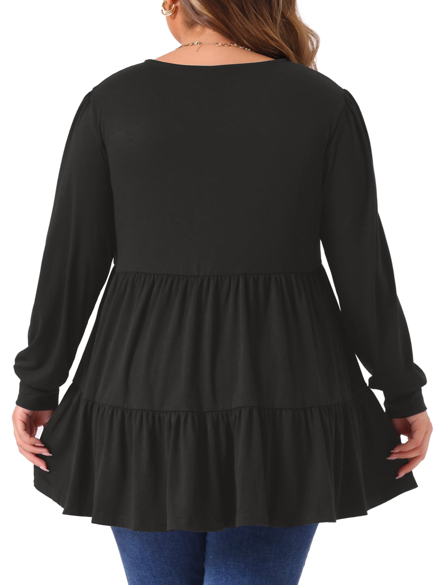 DARING DIVA Women's Plus V Neck Long Sleeve Peplum Babydoll Top 1X Black