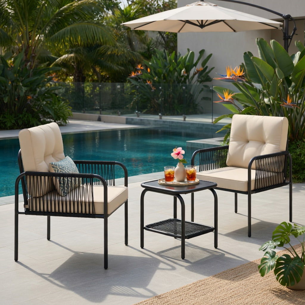 Hommoo 3-Piece PE Rattan Outdoor Bistro Set, Cushions, Black Wicker, Tempered Glass Coffee Table for Patio, Yard & Poolside, Beige