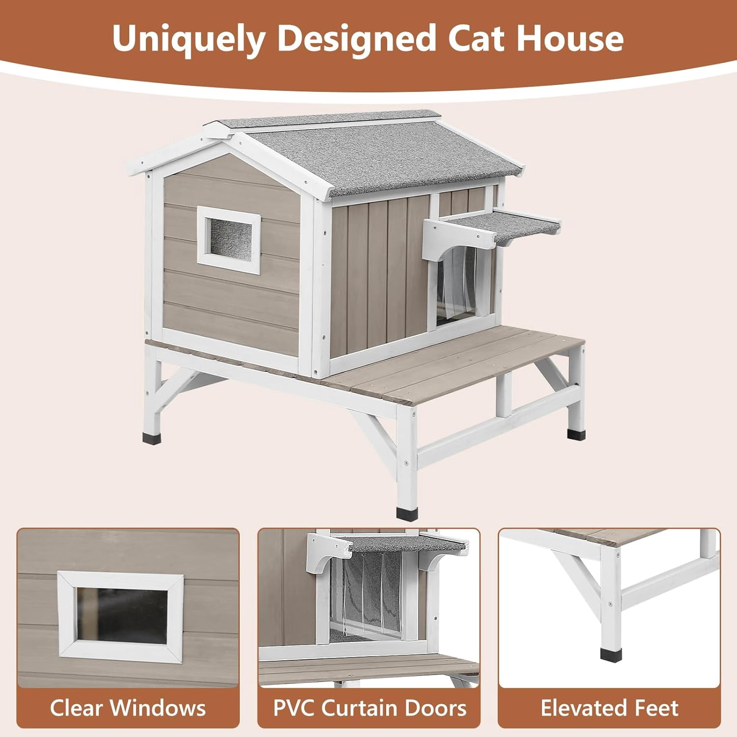 Petsblublu Insulated Outdoor Small Cat House Wooden Indoor Feral Cats Shelter for Winter with Balcony