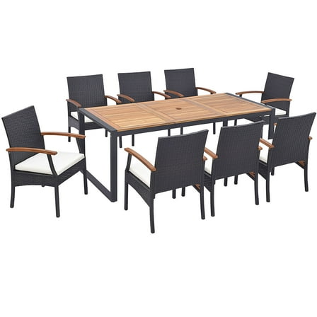 Gymax Set of 9 Outdoor Metal Dining Table & Rattan Chairs w/ Acacia Wood Table