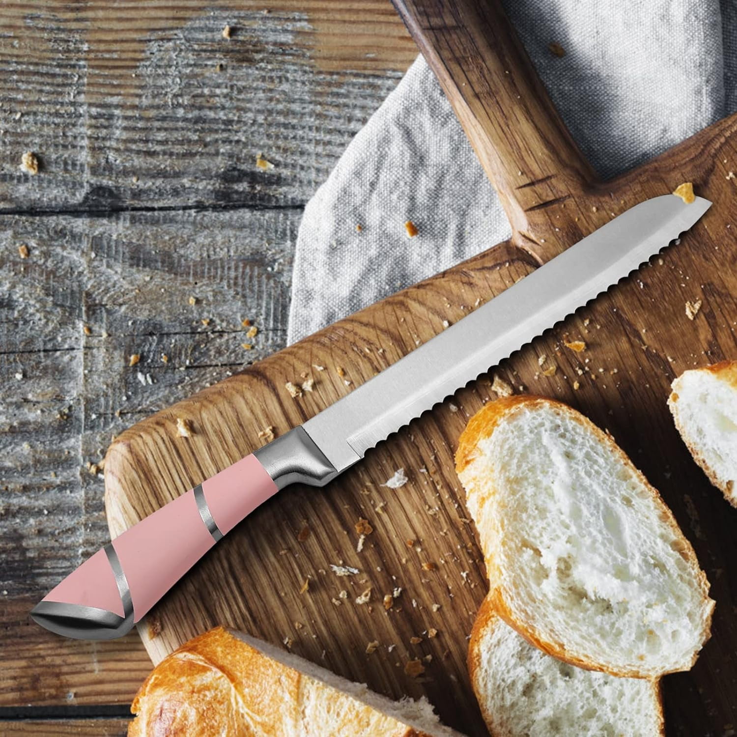 Kitchen Knife Set, 9-Pieces Pink Sharp Non-Stick Coated Chef Knives Block Set, Stainless Steel Knife Set for Kitchen with Sharpener for Cutting Slicing Dicing Chopping