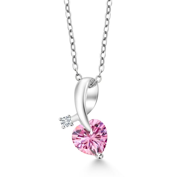 Gem Stone King 1.11 Cttw Pink Moissanite and White Lab Grown Diamond Heart Shape Pendant Necklace for Women | 925 Sterling Silver | With 18 inch Silver Chain