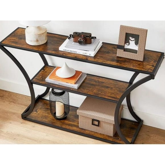 Safdie & Co. Console Table, 2 Shelfs, Brown Reclaimed Wood & Black Metal Legs.
