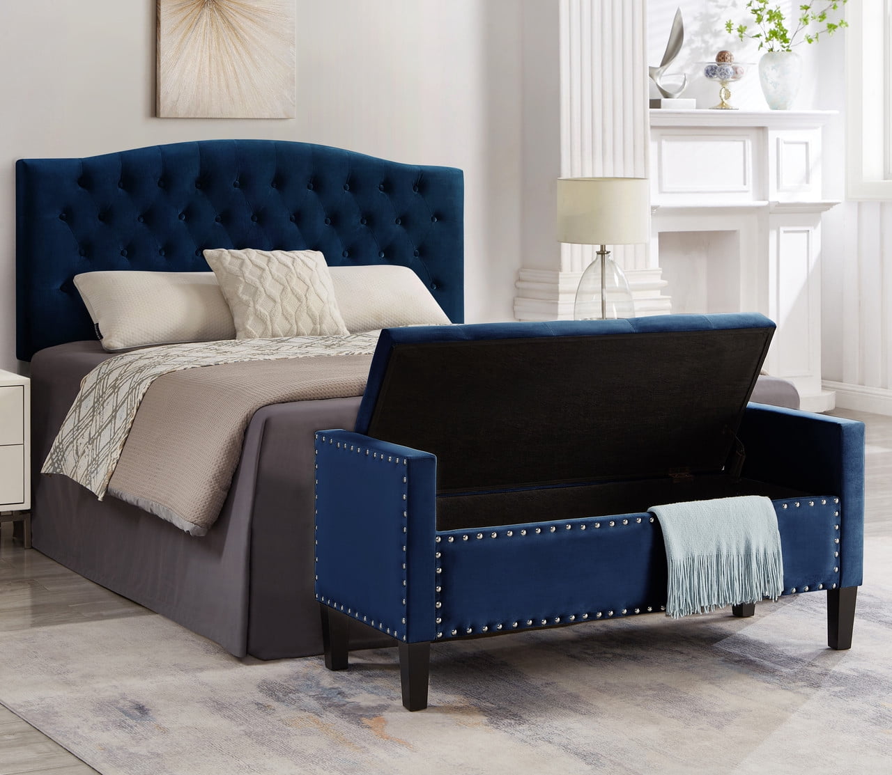 48” Velvet Storage Ottoman Bench with Armrest, Upholstered Tufted End of Bed Bench with Arms & Hidden Storage, Nailhead Trim Ottoman Bench for Entryway Living Room, Navy Blue
