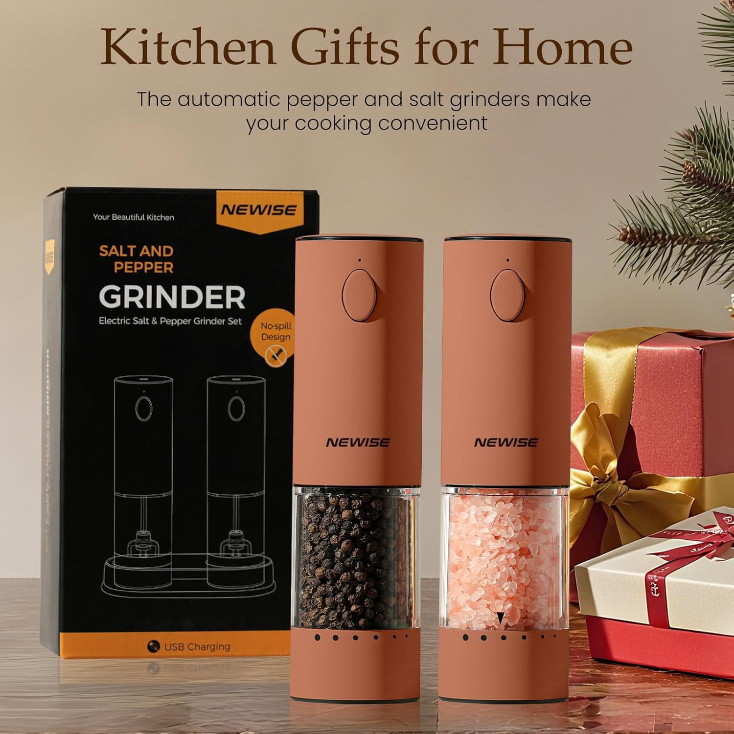 Electric Salt and Pepper Grinder Set with LED Lights, Rechargeable Automatic Mill, Adjustable Coarseness, Large Capacity for Kitchen