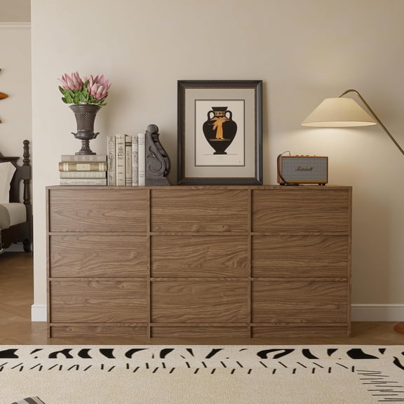 63" W 9 Walnut Drawer Dressers, Large Dresser Organizer for Bedroom, Wooden Long Dressers & Storage Chests of Drawers, Modern Wide Dresser