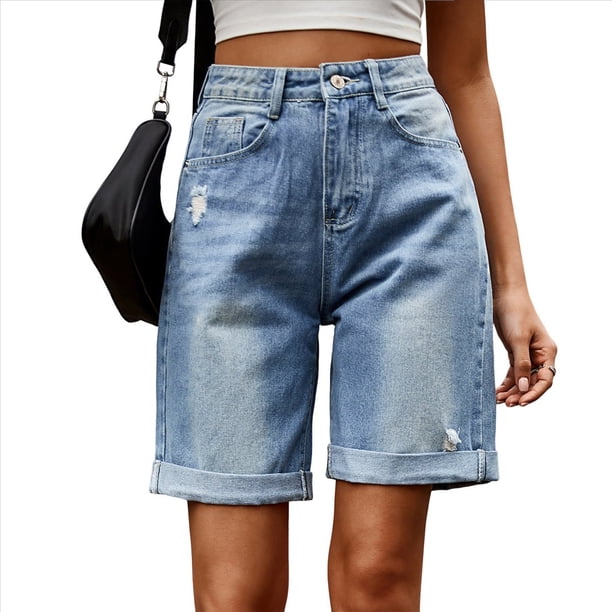 Pantalones Cortos Vaqueros para Mujer, Hasta la Rodilla, Modernos, Estilo Y2K, de Cintura Alta, Pierna , Informales, de Verano, con Bolsillos Azul L
