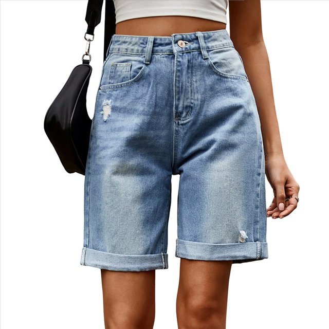 Pantalones Cortos Vaqueros para Mujer, Hasta la Rodilla, Modernos, Estilo Y2K, de Cintura Alta, Pierna , Informales, de Verano, con Bolsillos Azul M