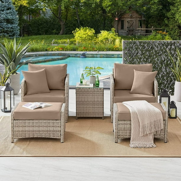 Tribesigns 5 Pieces Patio Chairs with Ottoman, Outdoor Rattan Wicker