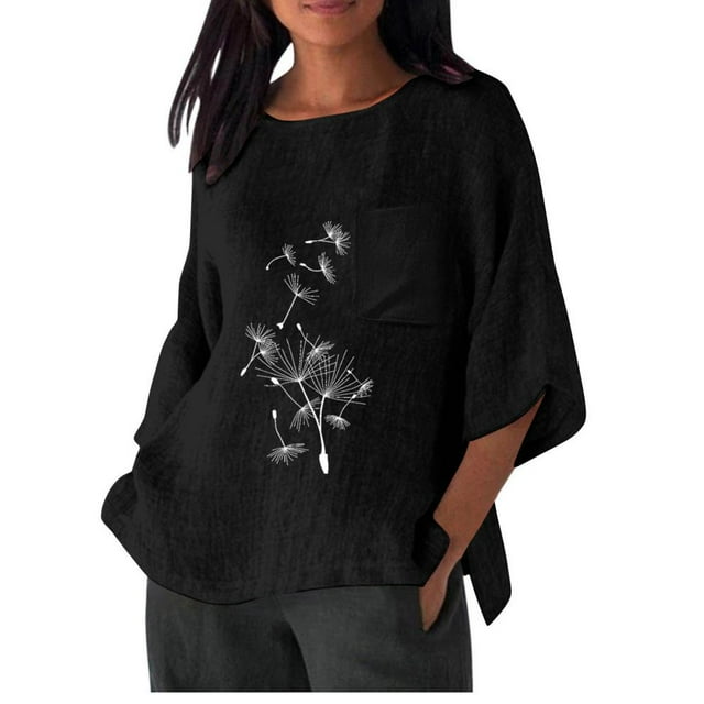 Hauts d'Été pour Femmes Chemise Imitation Lin Manches 3/4 Col Rond T-Shirt à Poche Surdimensionné Chemise Décontractée Légère et à la Mode Haut d'Été