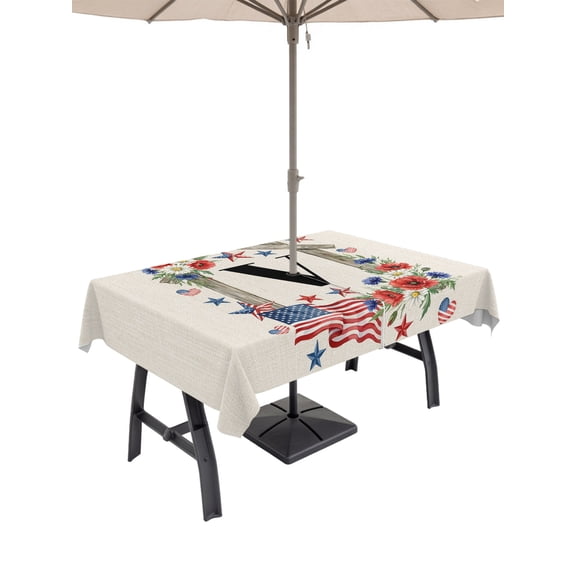 52x70 Inch Outdoor Tablecloth with Umbrella Hole Zipper Rectangle US Star Stripes Flag Rectangular Tablecloths Outside Waterproof Retro Farmhouse Floral Letter V Patio Table Cloth Cover for Picnic