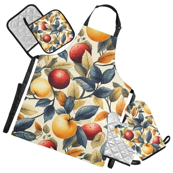 5 Pcs Kitchen Set Heat Resistant Oven Mitts and Non-Slip Pot Holders with Adjustable Cooking Apron Fruit and Leaves