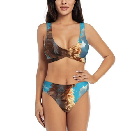 Zeuib Cartoon Cloud Puppy High Waisted Tummy Control Bikini Set - Knot Front Push Up Top & Cheeky Thong Bottom  Two-Piece Swimsuit for Women-Large