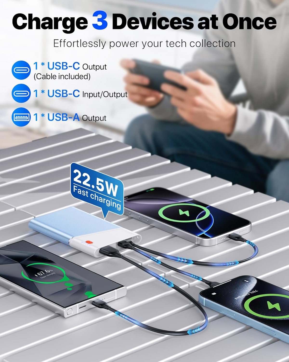 RGHJAR-Portable Charger Power Bank, 10000mAh 22.5W PD Fast Charging Powerbank with Built-in USB C Cable, Slim External Phone Battery Pack for iPhone 17/16/15 Samsung S24 Android etc (Blue)