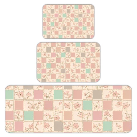 RKSupls Kitchen Rug Set 3 Piece Anti-Slip Flannel Floor Mats, Patchwork Cherry Blossom Washable Absorbent Runner Mats for Kitchen Bathroom Home Decor