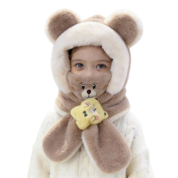 QHFBli Toddler Winter Plush Bear Hooded Scarf, Fuzzy Ear Protection Hat, One Piece Warm Cap for Little Kids