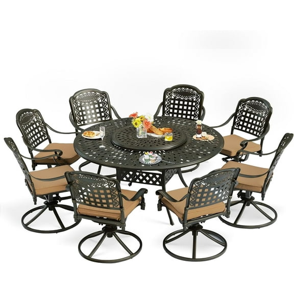 9-Piece Patio Furniture Dining Set, Cast Aluminum Outdoor Conversation Set- 61" Round Patio Dining Table with Detachable Lazy Susan & 8 Cushioned Swivel Rocker Chair, 2" Umbrella Hole, Khaki
