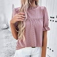 thumbnail image 6 of Lovskoo 2024 Summer Short Sleeve Shirts for Women Loose Crochet Eyelet Top T Shirt Ruffle Mock Neck Puff Sleeve Tunic Blouse Hollow Out Work Tops Casual Embroidery Blouse Pink L, 6 of 9