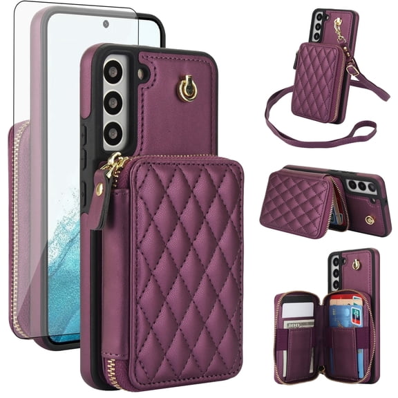 Compatible with Samsung Galaxy S22 Plus S22  5G Wallet Phone Case Tempered Glass Screen Protector Wrist Crossbody Strap Stand Credit Card Holder RFID Slot Cell Cover for S22  Women Girls Dark Purple
