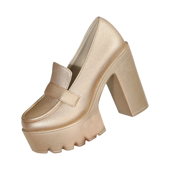 Gpaecead Women Platform Chunky Heel Shoes Round Toe Solid Color Faux Leather Summer Outdoor Non Slip Hight Heel Comfort Shoes, Gold