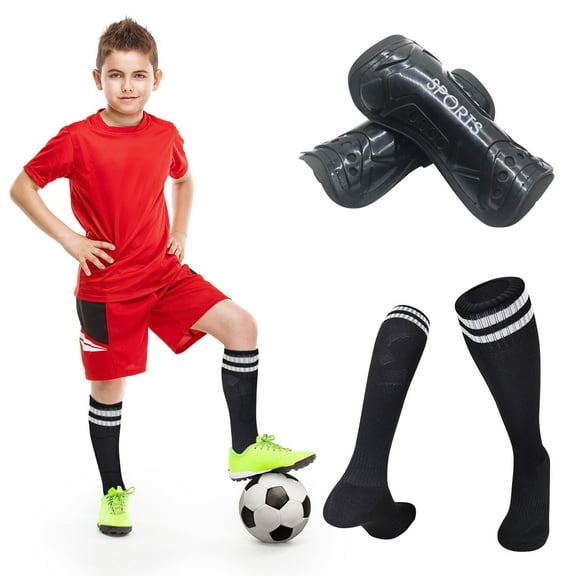 Kids Football Shin Guards with Socks Set for Youth Boys Girls - Black L