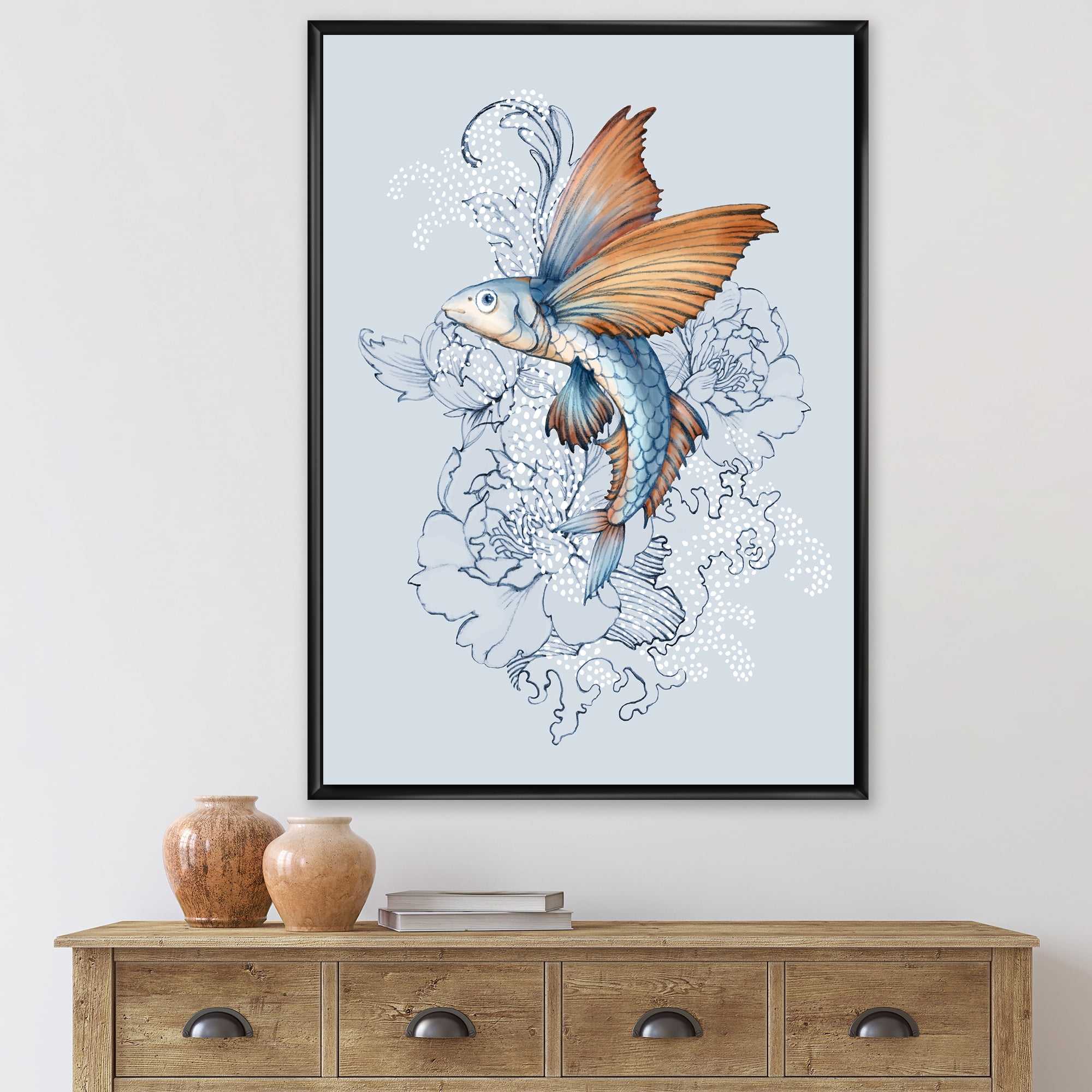 Designart 'Flying Fish and Peonies' Traditional Framed Canvas Wall Art Print