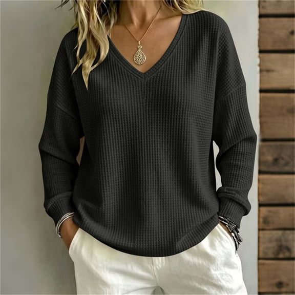 ClodeEU Women's V Neck Long Sleeve Waffle Tunic Top,Casual Loose Pullover Blouse Black,Women's Plus L