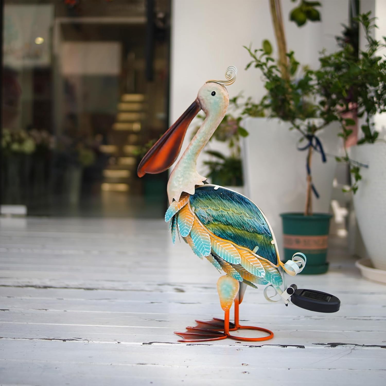 Solar Heron Metal Crane Statue Garden Heron Sculpture, Glass Outdoor Crane Yard Art Coastal Ocean Bird Decor 24 Inch Lawn Ornament for Backyard Porch Patio Decor