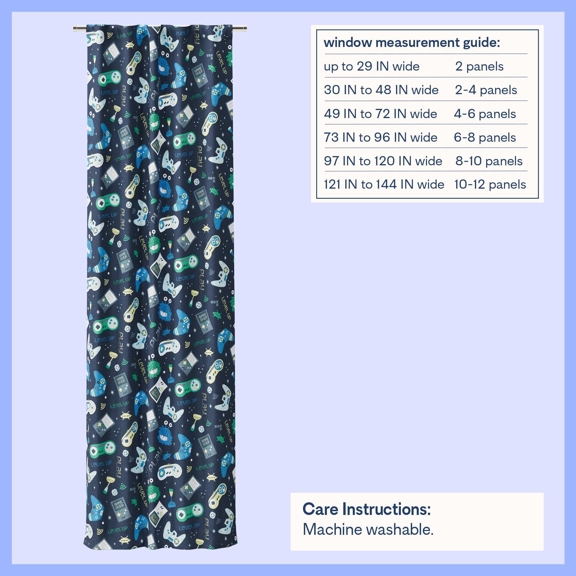 Mainstays Kids Navy Blue Printed Glow in the Dark Blackout Rod Pocket with Back Tabs Single Curtain Panel, Gamer Print, 38" W x 95" L